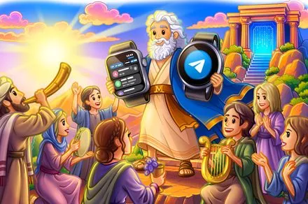 The smartwatch screen displays the Telegram app interface with chat and voice note options.
