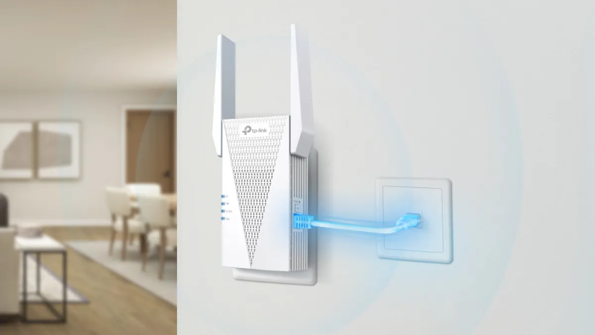 TP-Link AX3000 Wi-Fi Range Extender featuring Wi-Fi 6 support and a gigabit Ethernet port.
