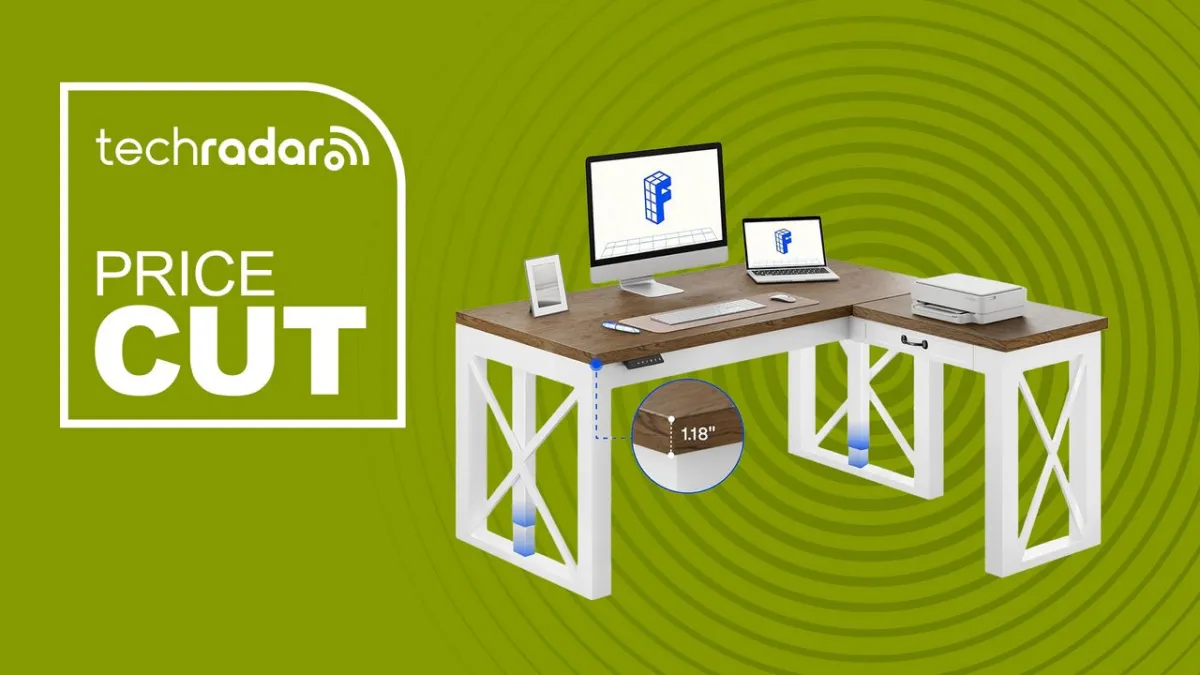 The FlexiSpot L-shaped standing desk features a farmhouse wood finish and electric height adjustment.
