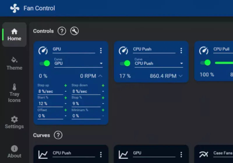 The FanControl application window displays customizable fan curves and real-time temperature readings.