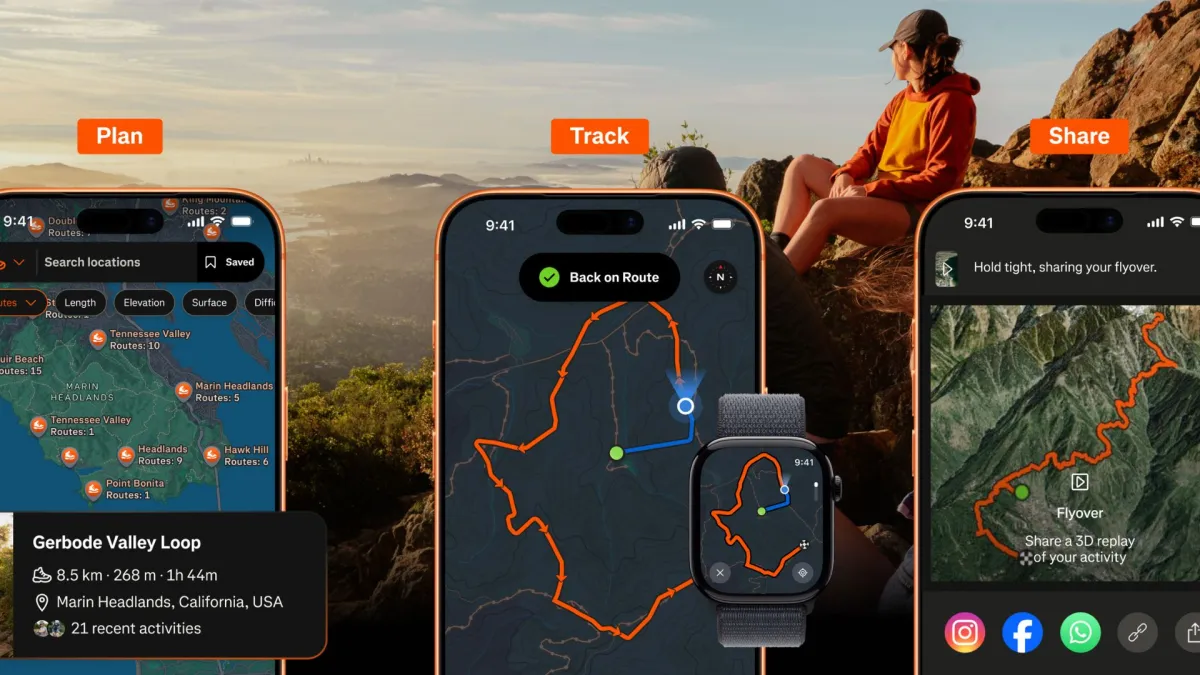 Strava app interface displaying a hiking map with detailed trail surface indicators and a live elevation profile graph.