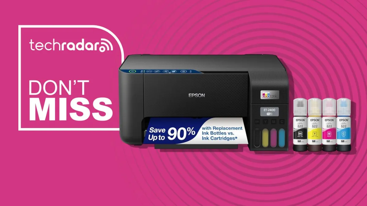 The Epson EcoTank ET-2400 all-in-one printer features a compact chassis and visible refillable ink tanks.