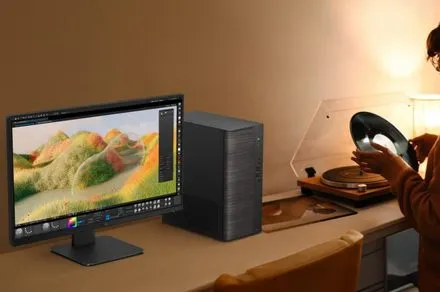 The Asus V700 Mini Tower desktop computer features a wood-grain exterior chassis design.