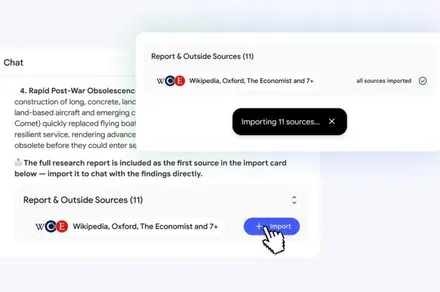 The NotebookLM interface displays advanced reasoning tools and export options for spreadsheets and presentations.