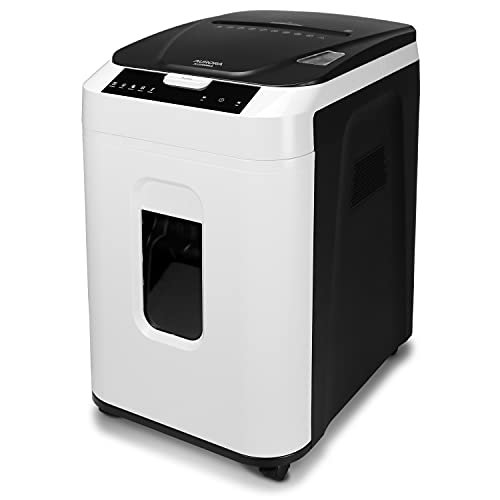 A commercial paper shredder features cross-cut blades and a secure locking mechanism.