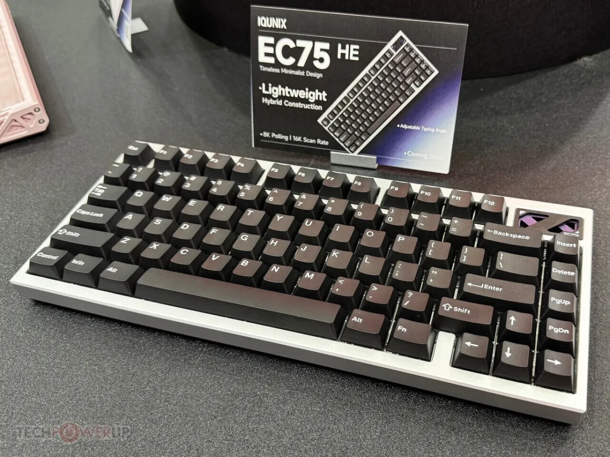 Iqunix EC75HE keyboard with Hall Effect magnetic switches and a lightweight magnesium gaming mouse at Computex 2026.