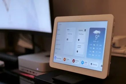 The Amazon Echo Hub touchscreen displays the updated dashboard with device controls and camera feeds.