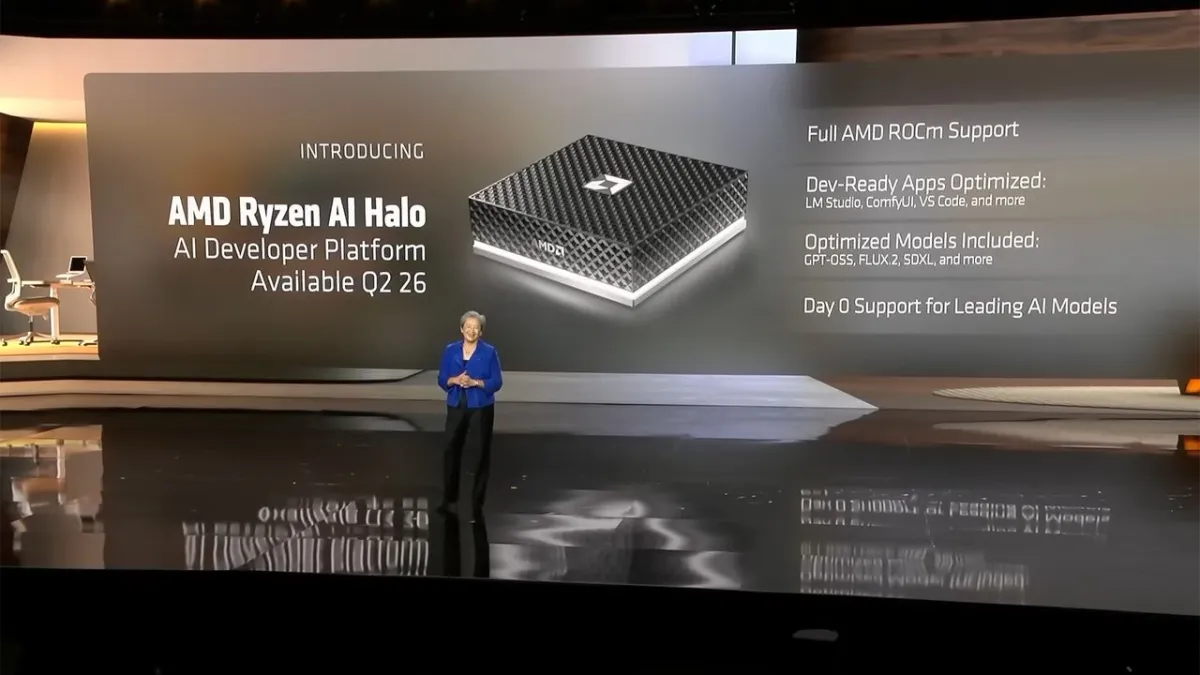 AMD Ryzen AI Halo Developer Platform compact workstation with 16 cores and 128GB unified memory.