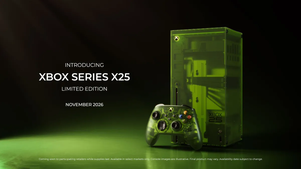 Translucent OG Green Xbox Series X console and matching wireless controller from the 25th anniversary collection.