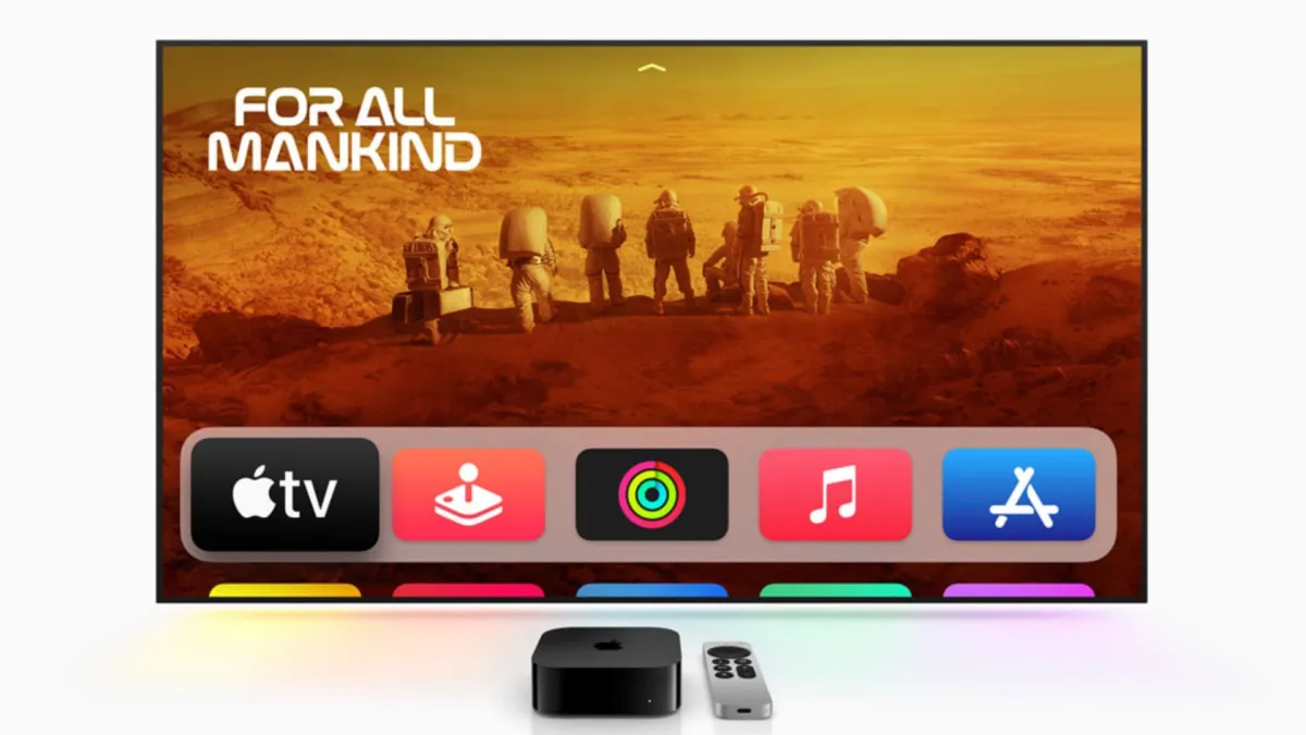 Apple tvOS 27 interface showing the redesigned Podcasts app layout and automated download controls.