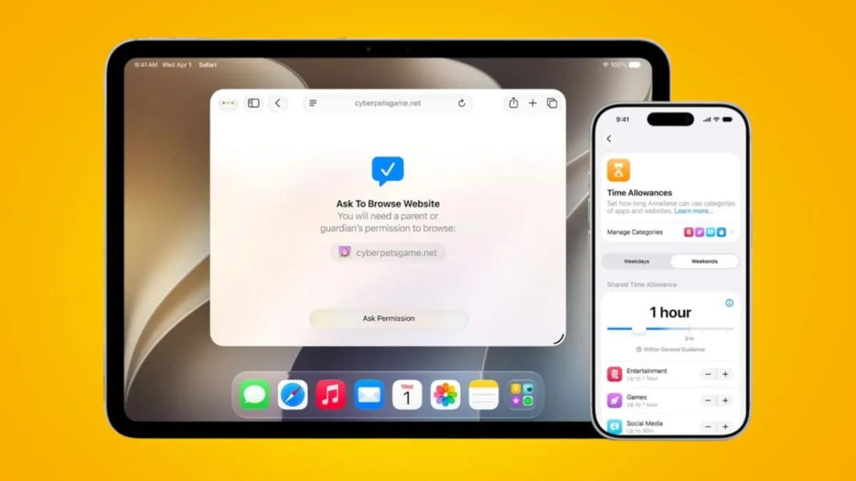 The screen displays iOS 27 parental control settings with Ask to Browse and Screen Time options.