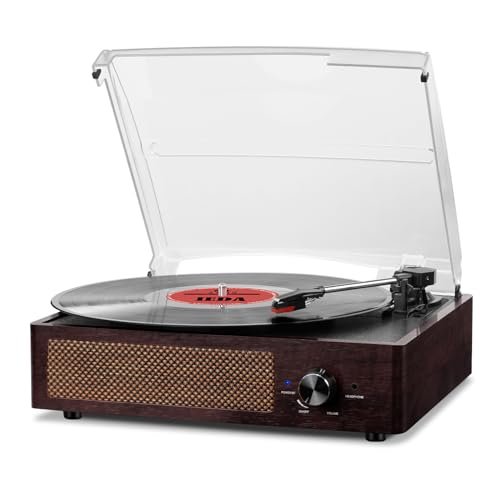 This turntable combines analog playback mechanics with built-in acoustic drivers.