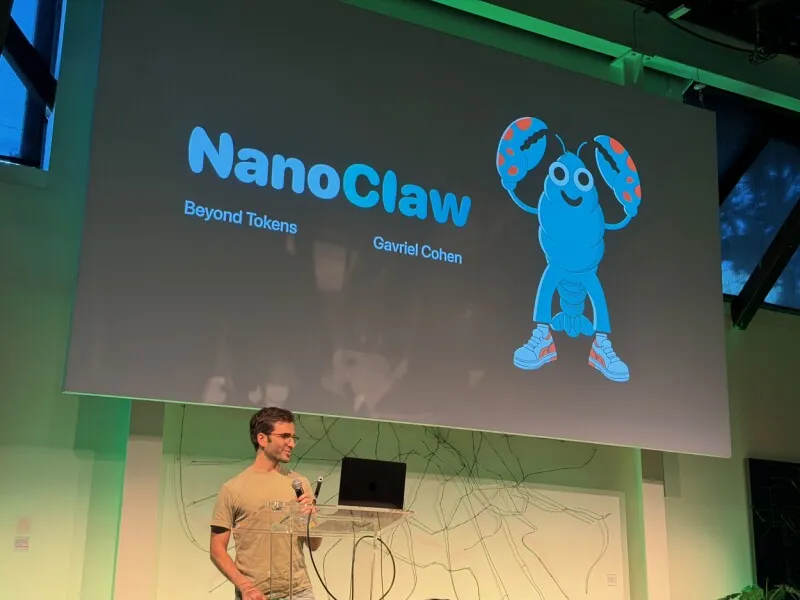 The diagram shows NanoClaw integrating with JFrog to secure software packages and limit AI agent permissions.