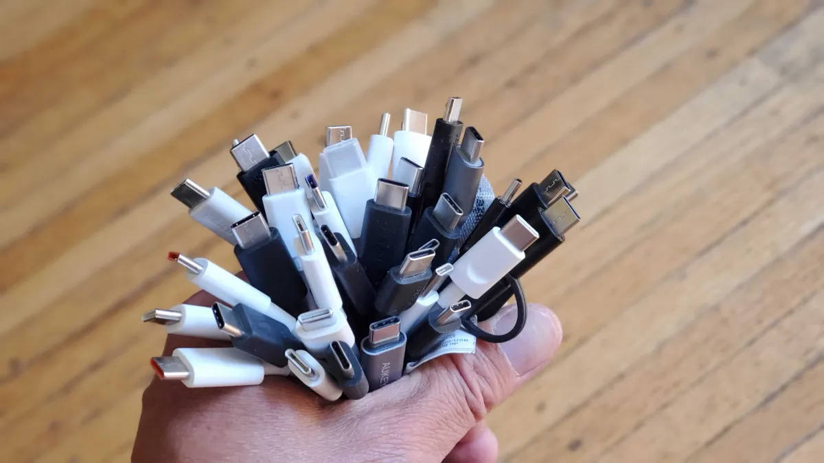 Assorted USB-C cables arranged to show different lengths and connector designs.