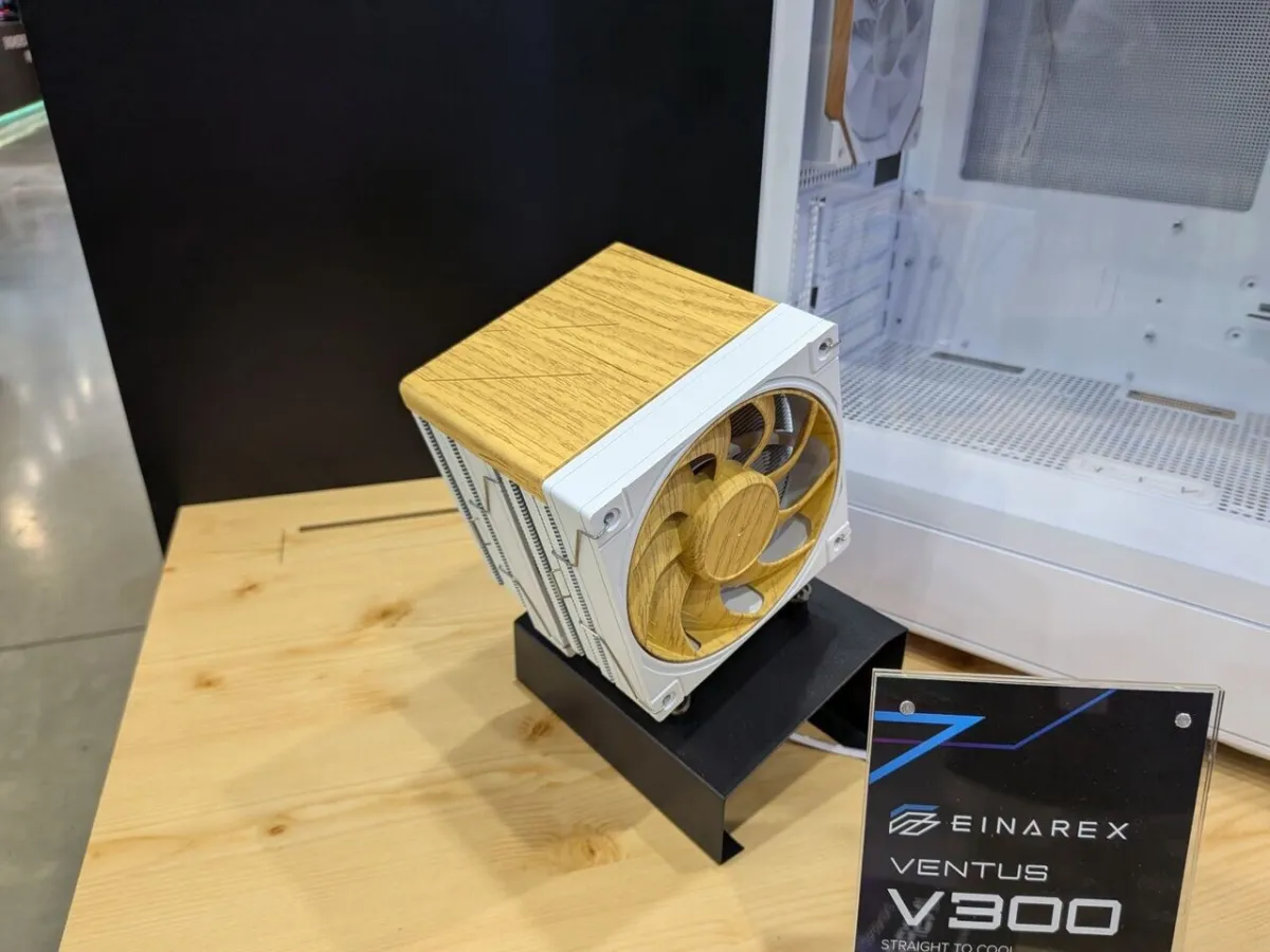 Einarex displays the HALOX AIO cooler and wood-finish air coolers at Computex 2026.