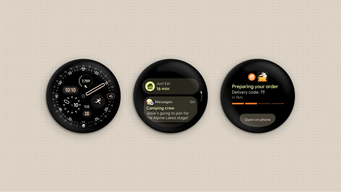 The diagram illustrates Wear OS 7 system architecture, artificial intelligence integration, and distribution updates.