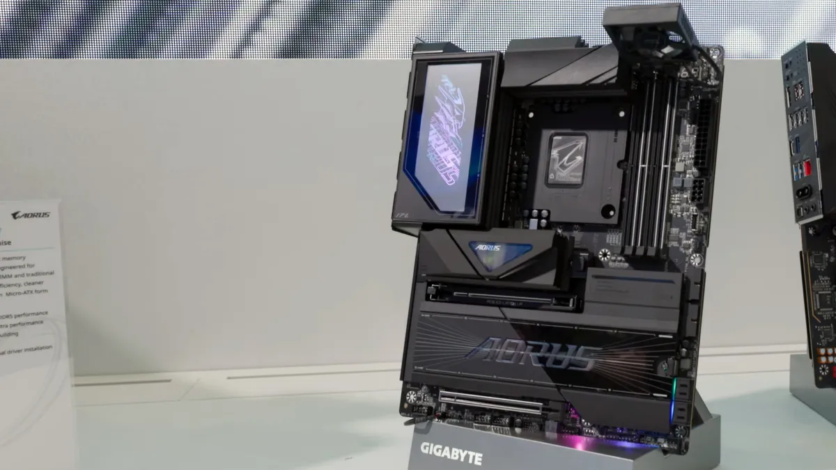 An unlabeled Gigabyte Aorus motherboard at Computex 2026 features Thunderbolt 5 ports for Intel Nova Lake processors.