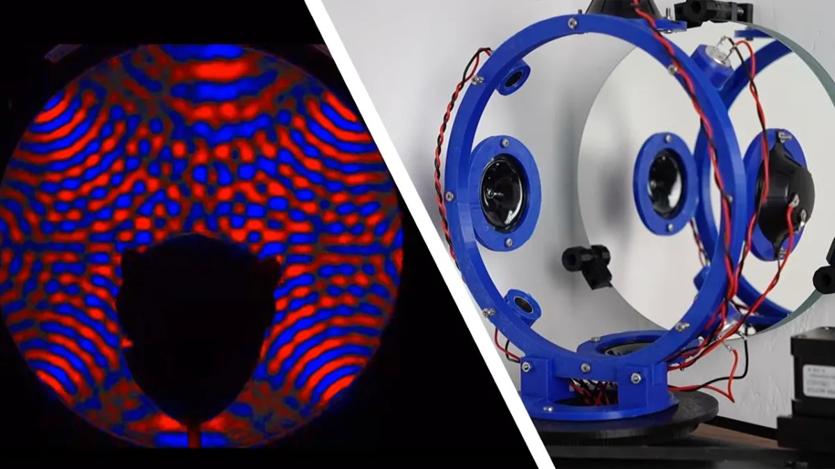An acoustic tomography rig measures sound wave propagation in a room to optimize home theater calibration.