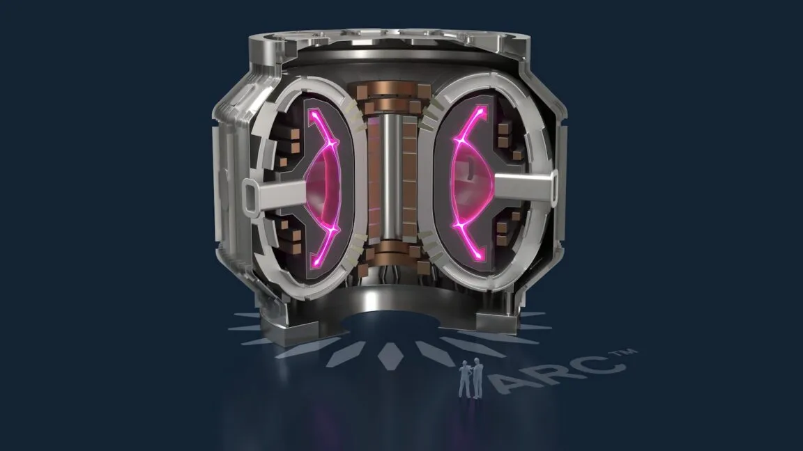 The schematic shows the compact tokamak design and superconducting magnets for the four hundred megawatt ARC fusion plant.