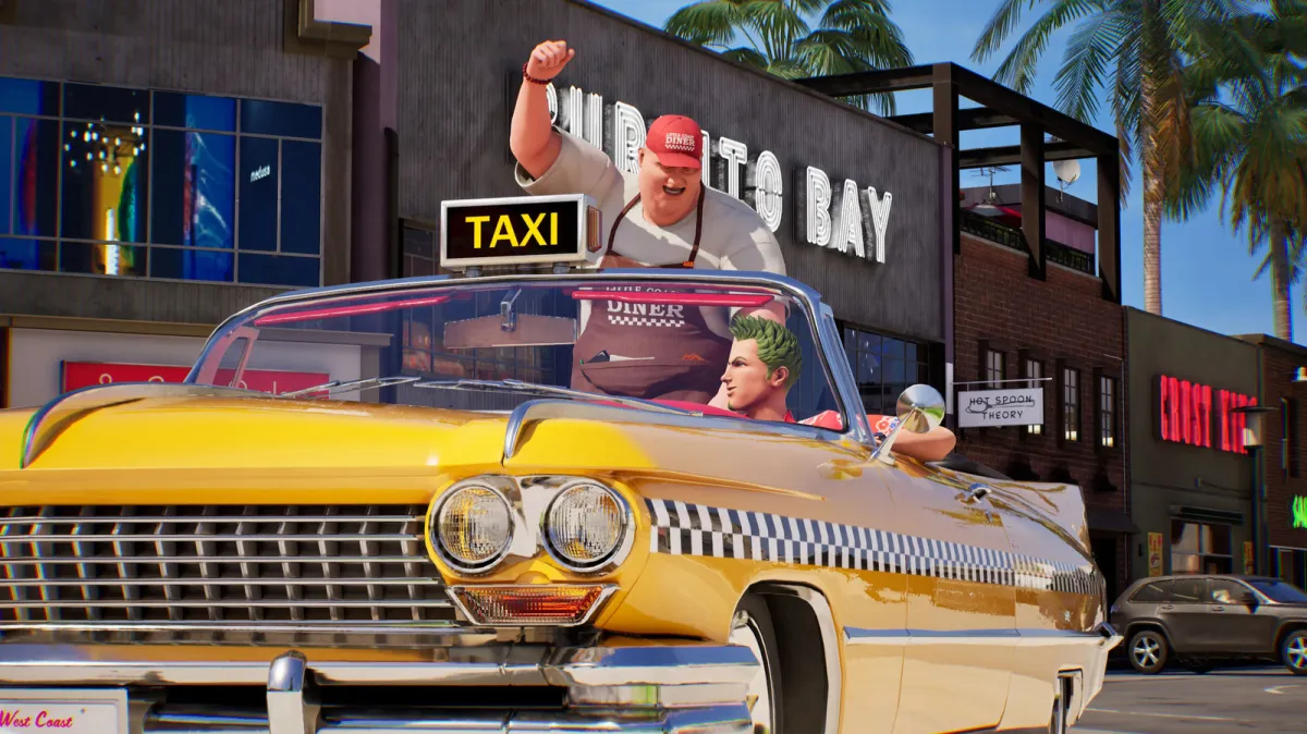 This image displays open-world driving gameplay from Crazy Taxi World Tour with vibrant city streets and racing.