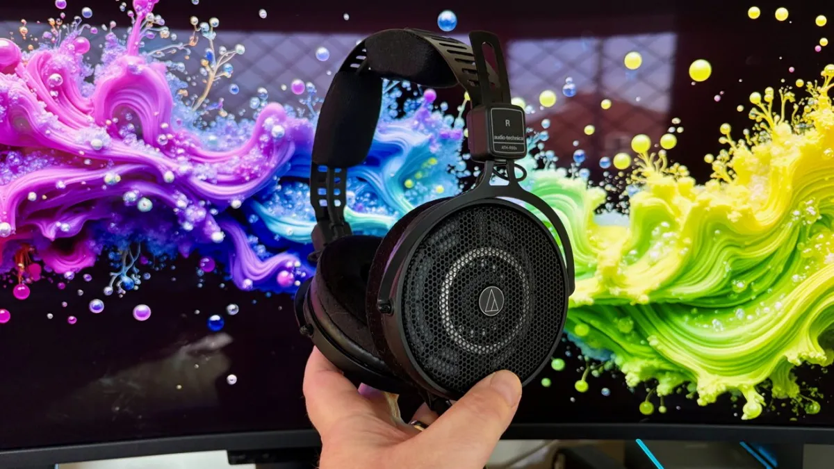 Audio-Technica ATH-R50x open-backed headphones are displayed on a surface.