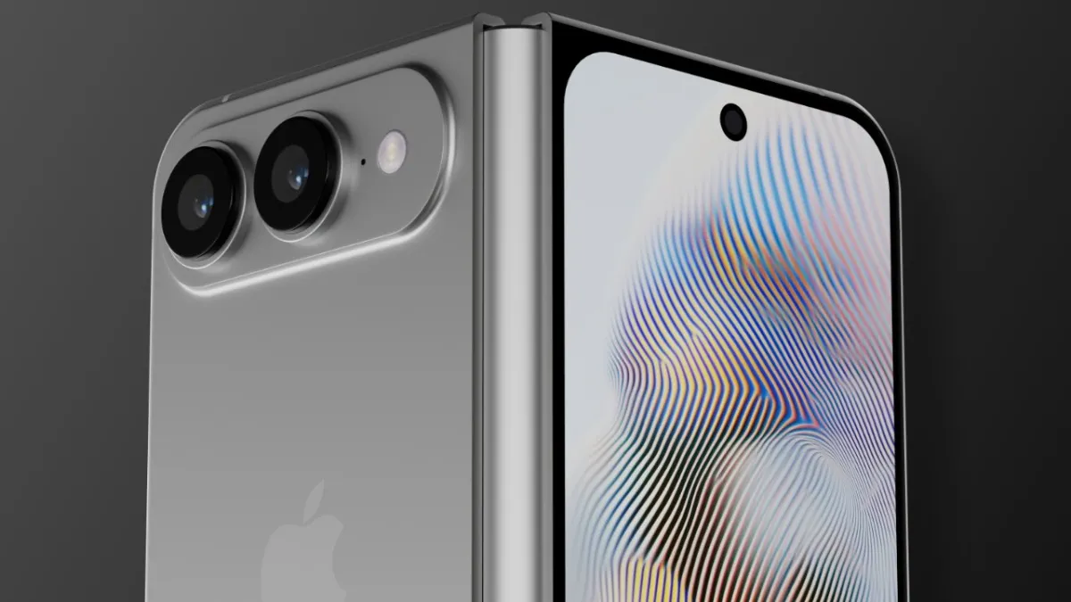 Technical diagram showing the liquid metal hinge mechanism for Apple foldable iPhone prototypes