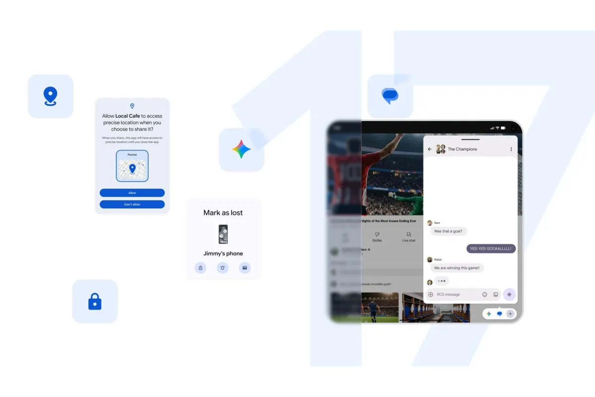 The Android 17 interface on a Pixel device displays floating window controls and Quick Share options.