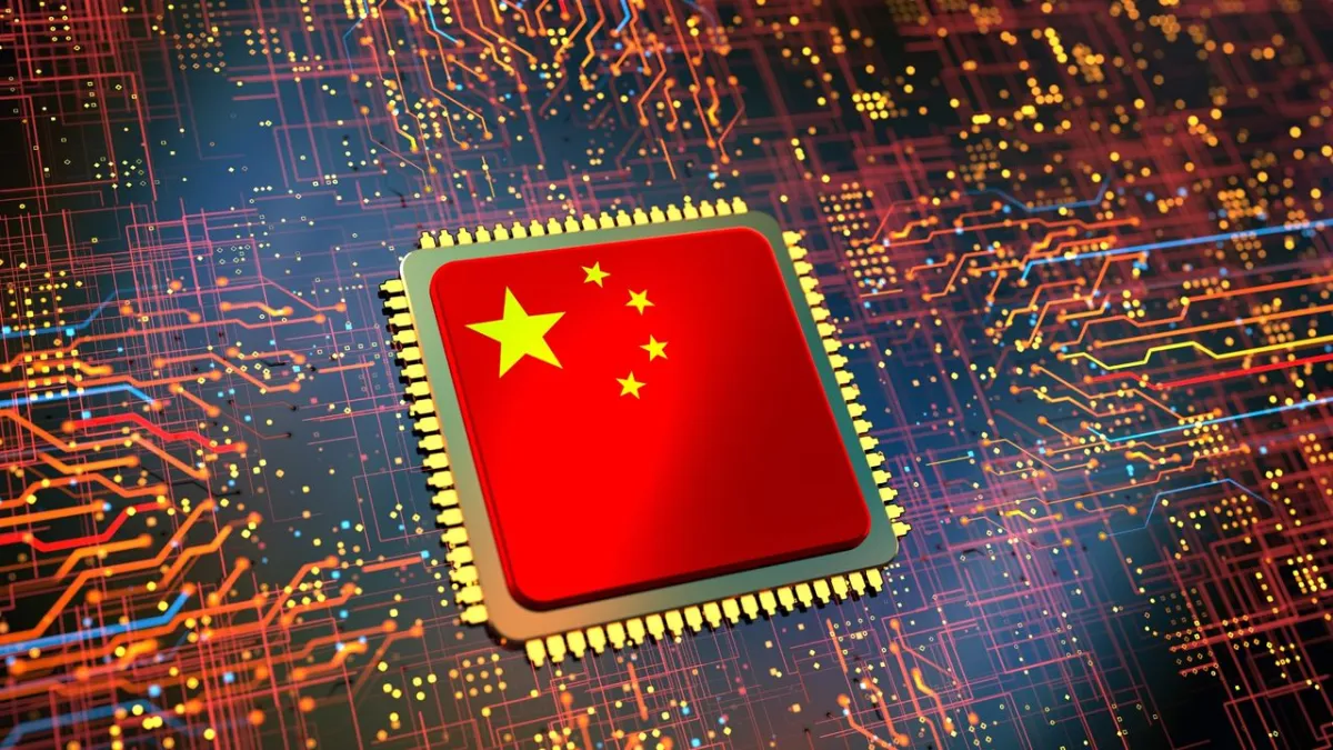 Domestic AI server racks and silicon chips illustrate China's two hundred ninety five billion dollar data center network.