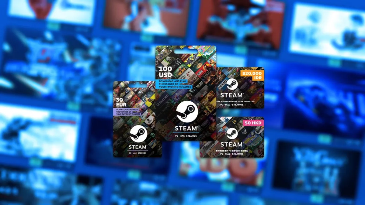 A physical Steam gift card displayed alongside digital payment options