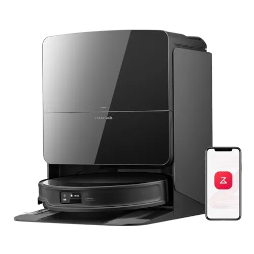A robot vacuum and mop combo navigates a living room floor while vacuuming debris and mopping surfaces.