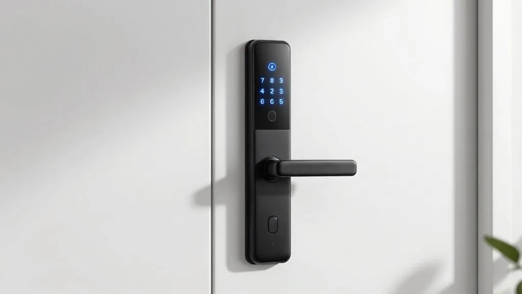 A wireless smart lock mounted on a residential door provides digital access and physical security integration.