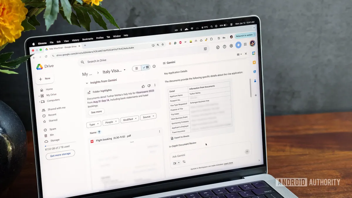Google Drive interface showing the Ask Gemini chat panel accessing Gmail threads for document context.