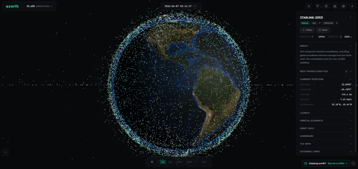 This real-time three-dimensional globe tracks thousands of satellites and space debris orbiting Earth.