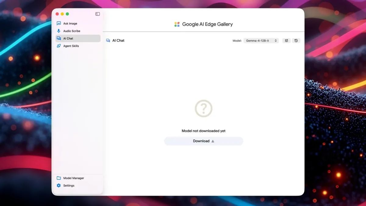 AI Edge Gallery app on macOS displaying local LLM inference with Gemma 4 12B and private dictation capabilities.