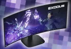 Alienware displays its new 39-inch 5K OLED monitor next to the updated 34-inch ultrawide model.