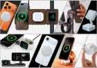 Various MagSafe and Qi2 compatible wireless chargers are arranged on a flat surface.