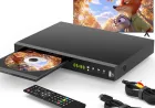 A modern Blu-ray player sits on a media console with HDMI cables linking it to a television and audio receiver.