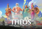 A screenshot of Theos: Cities of Myth displays Greek mythology-themed city construction and manual supply routing.