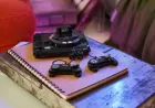 Lego brick model of the Sega Genesis console with detachable controllers and a Sonic cartridge.