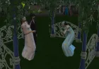 The screenshot displays Regency era fashion and ballroom furniture from the Sims 4 Bridgerton expansion pack.