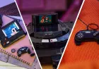 A brick-built Lego model of a Sega Genesis console features customizable stickers.