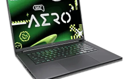The Gigabyte Aero X16 mobile workstation laptop features a silver chassis and dark keyboard.