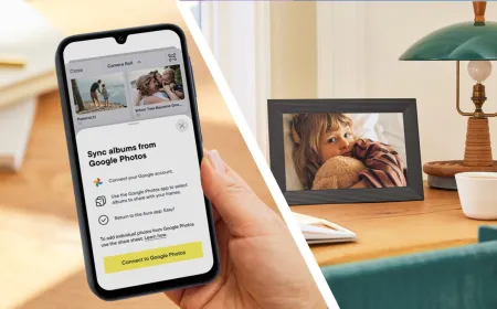 The Aura digital photo frame displays a synced Google Photos album through the companion application.