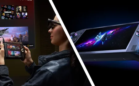 Several handheld gaming PCs are displayed with improved screens and ergonomic designs for the 2026 lineup.