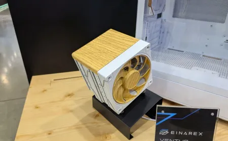 Einarex displays the HALOX AIO cooler and wood-finish air coolers at Computex 2026.
