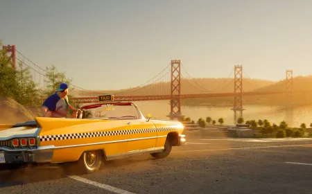 A yellow taxi navigating a San Francisco-inspired cityscape in the 2027 Crazy Taxi reboot.