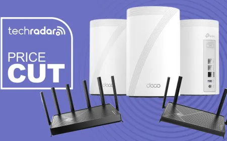 A TP-Link Wi-Fi 7 router features multiple ethernet ports and external antennas.