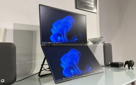 The Acer PD243Y E portable monitor features dual twenty-four inch screens and an adjustable hinge mechanism.