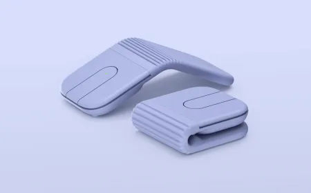 The Logitech Mobi Fold mouse is pictured in both folded and open states to show its compact travel design.