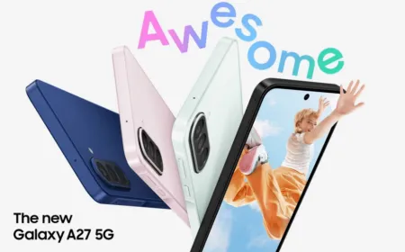 The Samsung Galaxy A27 smartphone is shown from the front and back against a plain background.